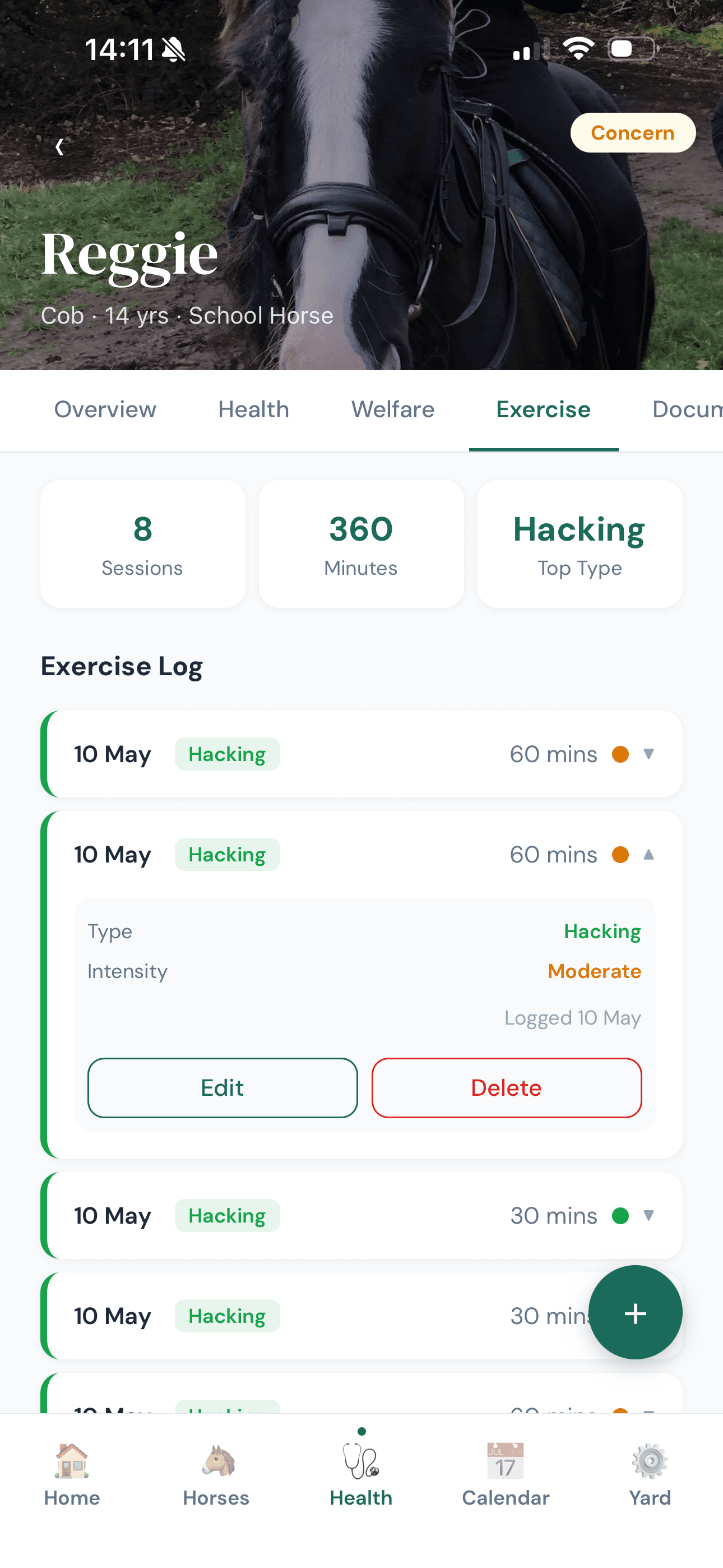 Reggie's exercise log — sessions and minutes with a monthly overview