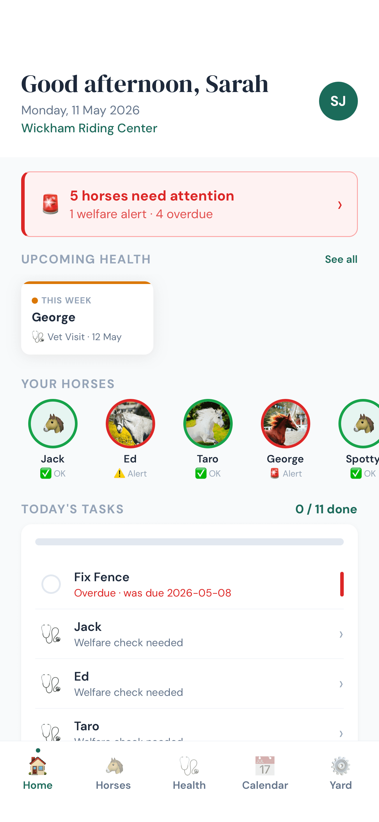 Alivio home dashboard — greeting, alert banner, your horses and today's tasks