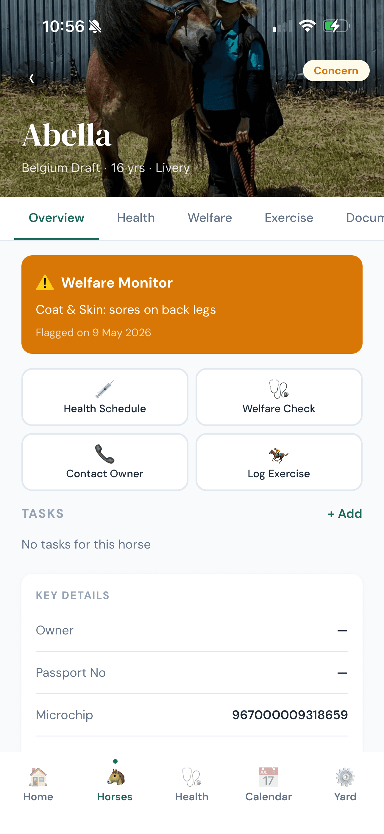 Abella's profile — welfare monitor, quick actions and key details