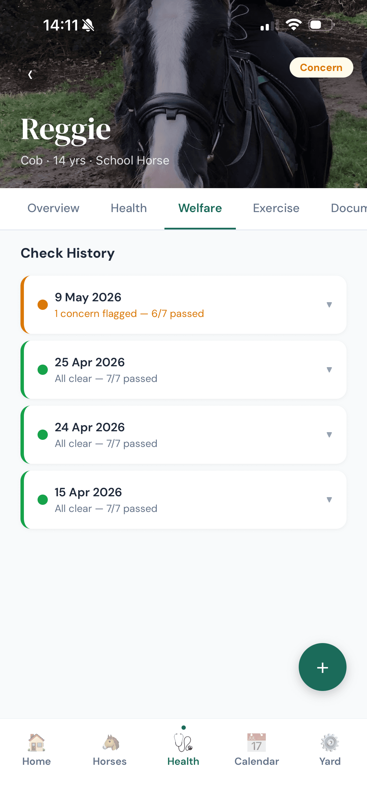 Welfare check history for Reggie — one concern flagged, three all-clear checks